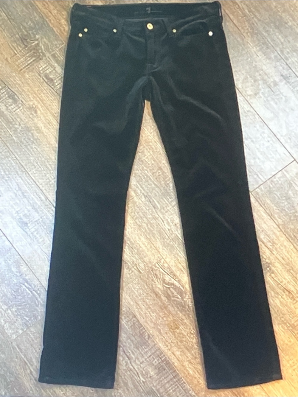 7 For All Mankind Black Corduroy Straight Leg Pants with Gold Hardware
